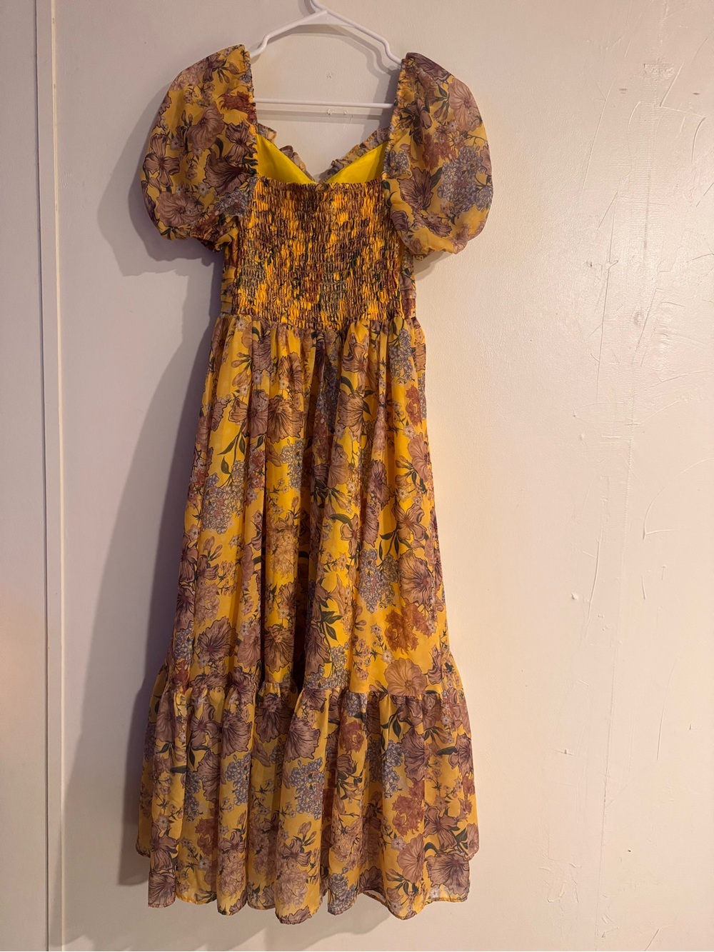 Yellow Floral Puff-Sleeve Midi Dress/ NEW - Picture 2 of 10